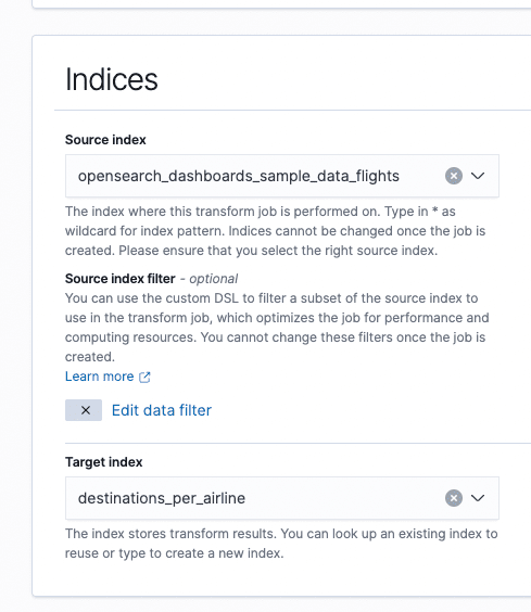 Step 3 to create transforms in OpenSearch:  choosing a name, a source, and a destination index.