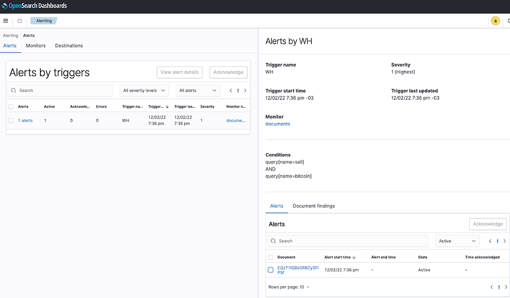 OpenSearch Dashboards showing he alert triggered by the first document sent and the findings index for further analysis: