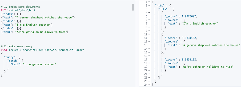 A simple example of a lexical search in OpenSearch.