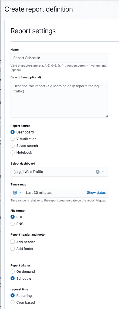 Click “Create” to start configuring the report definition on OpenSearch Dashboards.