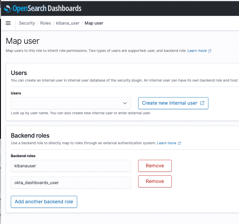 Creating role mappings in OpenSearch Dashboards.