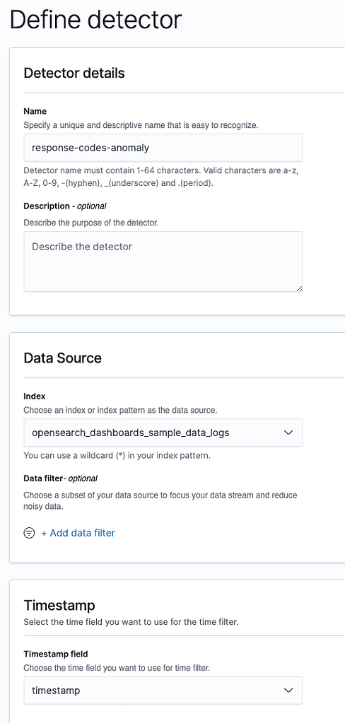 Form to define anomaly detector in OpenSearch