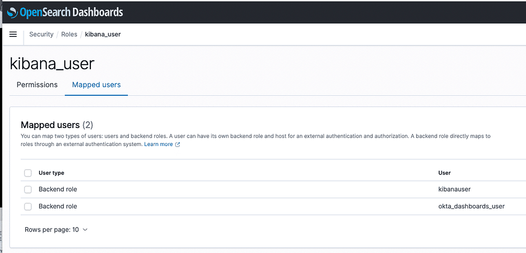 Mapped users when creating role mappings in OpenSearch Dashboards.