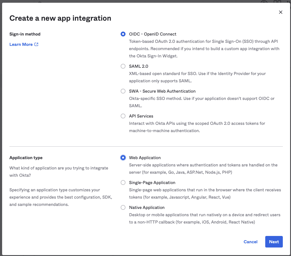 Selecting “OpenID Connect” and in the Application type section select “Web application.” when creating an App for OpenSearch Dashboards.