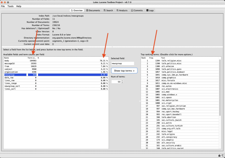 Luke tool - get frequency of the top ranking terms