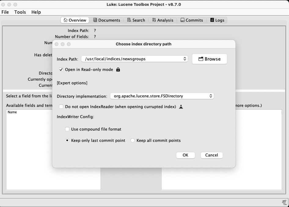 Luke tool - picking the folder containing the index to investigate