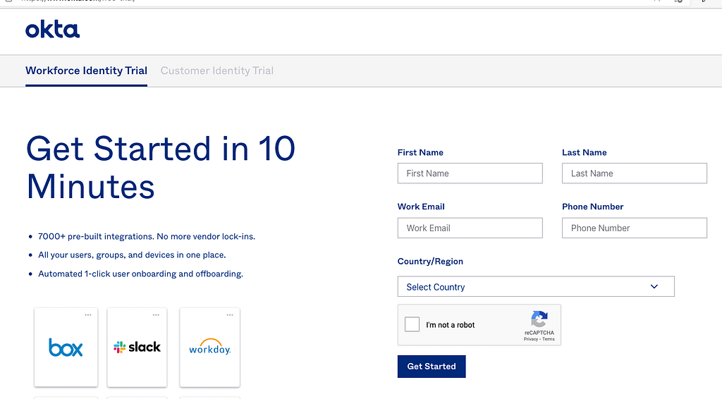 Okta get started page.