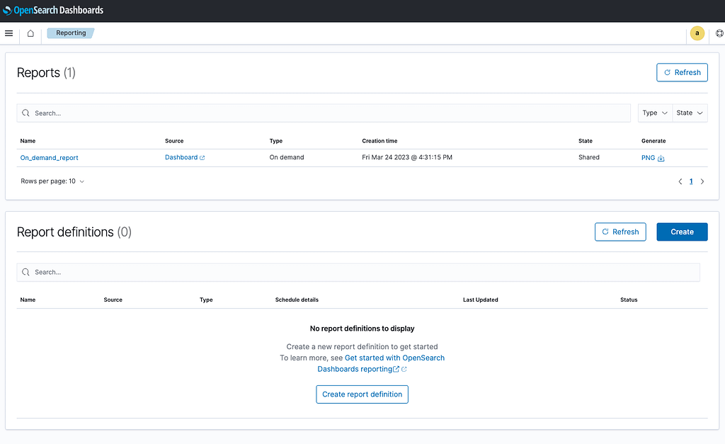 Where to see the reports generated from the Dashboards/Notebooks/Discovery section in OpenSearch Dashboards.