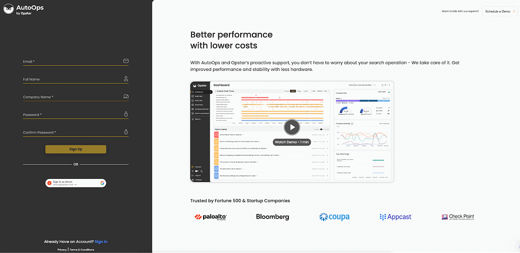 Sign up to Opster AutoOps landing page.