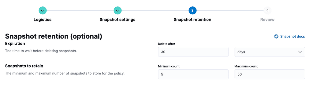 Snapshot retention settings (optional)  in Kibana while configuring an Elasticsearch SLM policy.