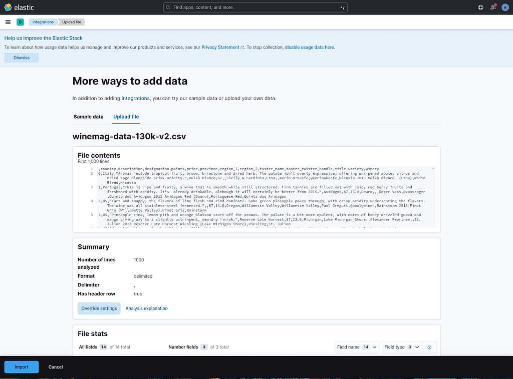 Import button in Kibana.